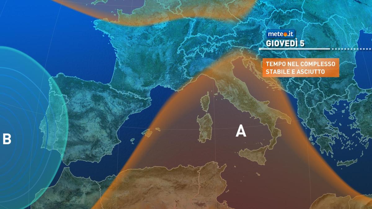 Meteo, oggi (giovedì 5 novembre) rinforzo dell'alta pressione su tutto il Paese