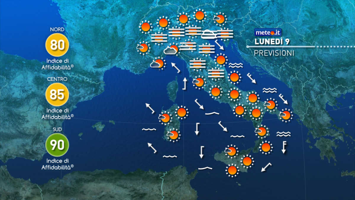 Meteo, oggi lunedì 9 novembre tempo ancora stabile da nord a sud