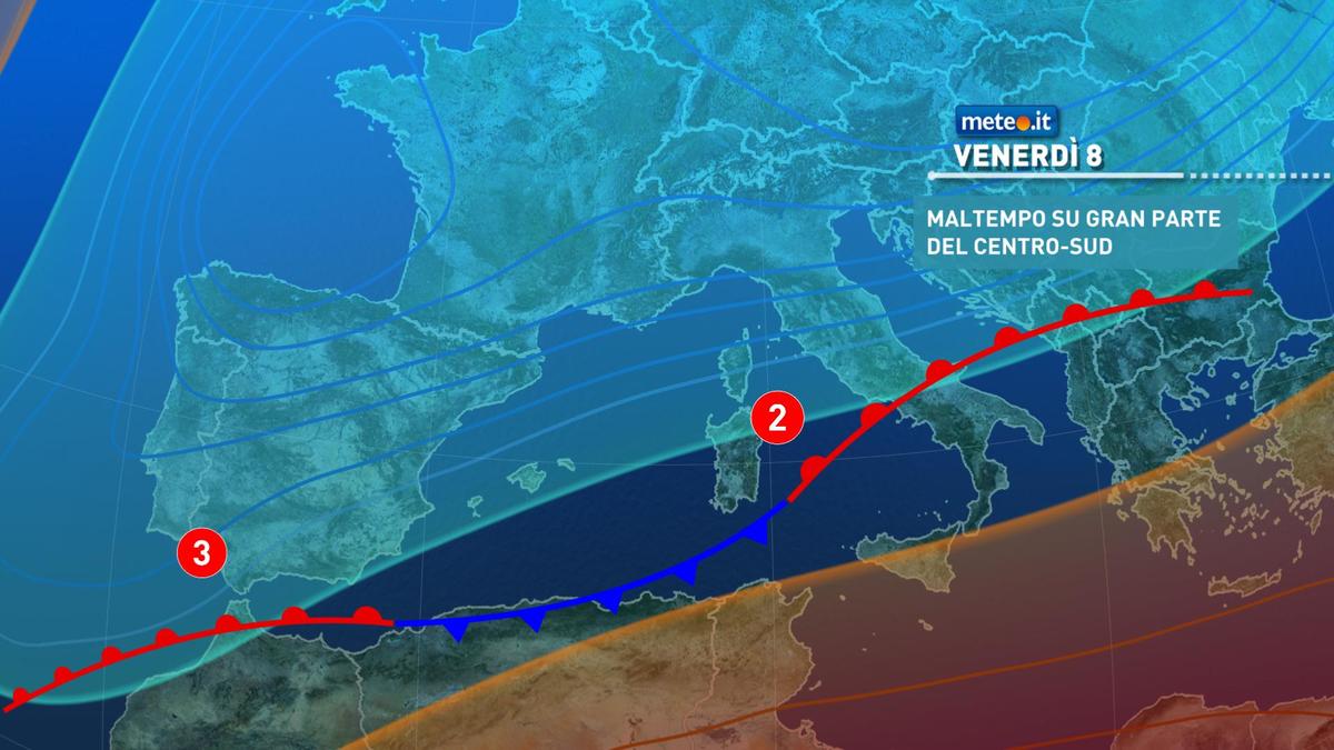 Meteo, venerdì 8 gennaio fase di maltempo al Centro-sud