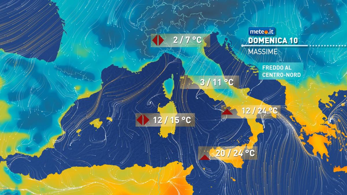 Meteo, domenica 10 gennaio maltempo al Centro-Sud. Italia divisa in due: freddo al Nord e clima mite al Sud