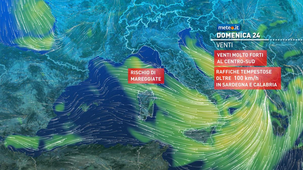 Meteo, 24 gennaio con venti intensi e maltempo al Centro-sud