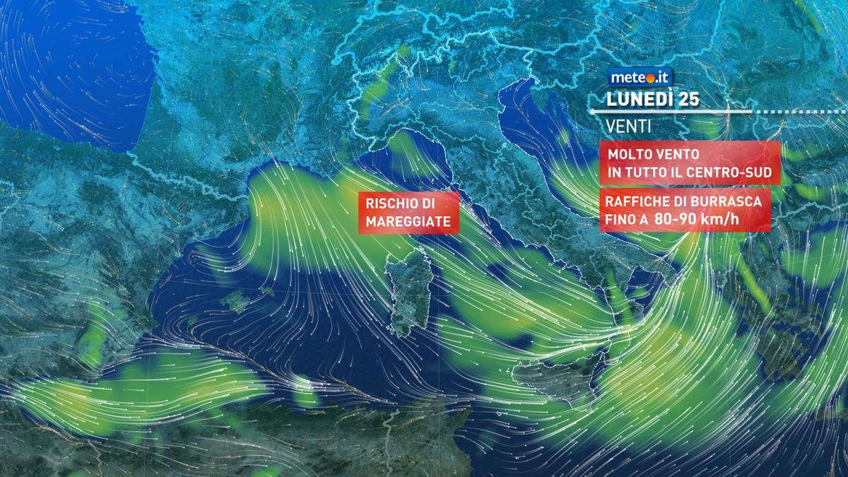 Meteo, lunedì 25 gennaio ancora piogge e vento al Centro-sud