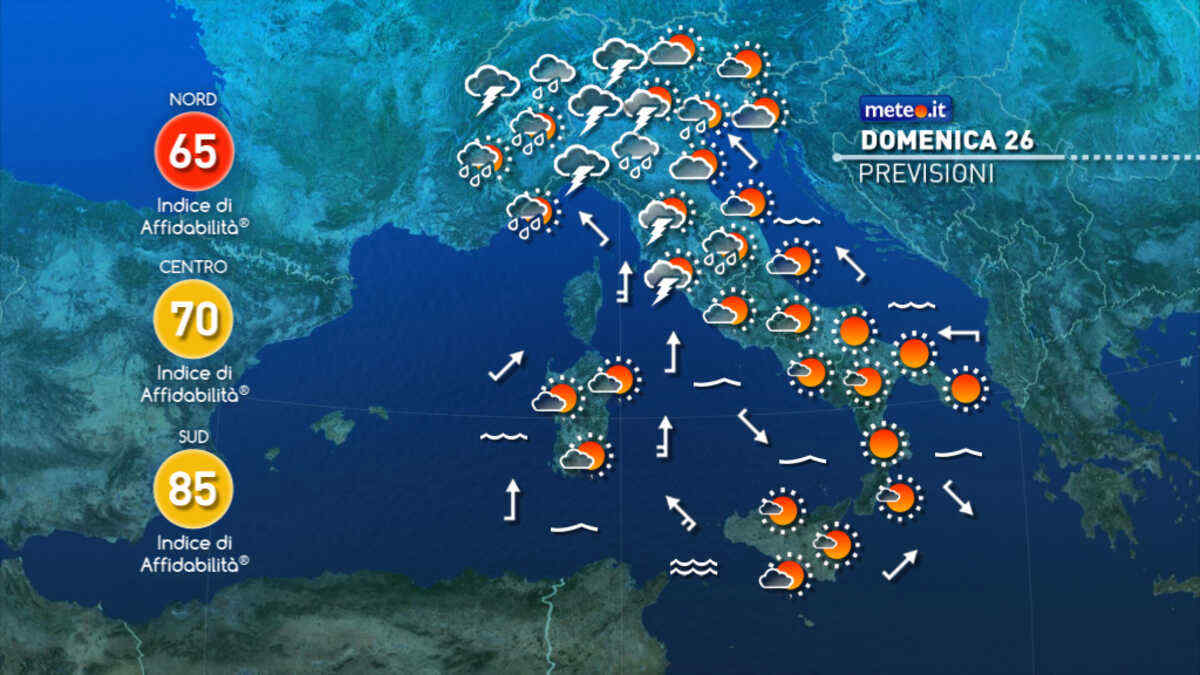 Meteo, domenica 26 perturbazione al Centro-Nord: rischio di fenomeni intensi