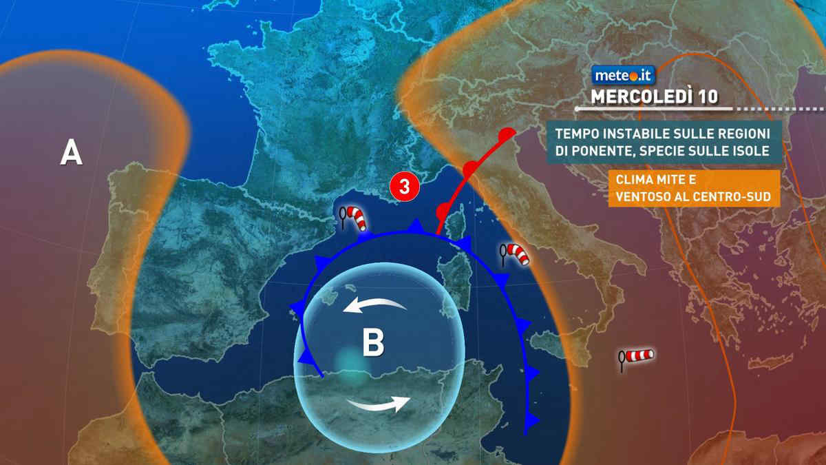 Meteo, mercoledì 10 piogge sparse al Sud, sulle Isole e all'estremo Nord-Ovest