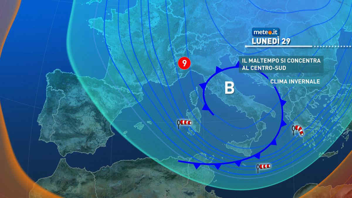 Meteo, 29 novembre con clima freddo. Pioggia, vento e neve al Centro-sud