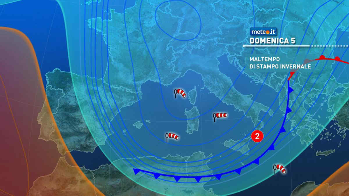 Meteo, domenica 5 di pioggia su gran parte d'Italia con neve fino a quote collinari