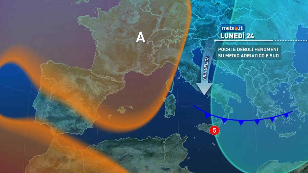 Meteo, nuovo fronte freddo sull'Italia: lunedì 24 tornano pioggia e neve a bassa quota