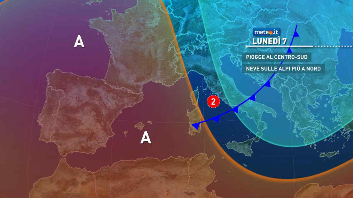 Meteo, lunedì 7 peggiora al Centro-Sud: un fronte freddo porterà piogge, neve e vento forte