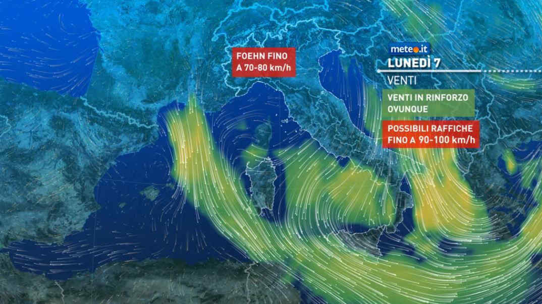 Meteo, lunedì 7 rapida fase di maltempo, con piogge e raffiche di vento a 100 km/h