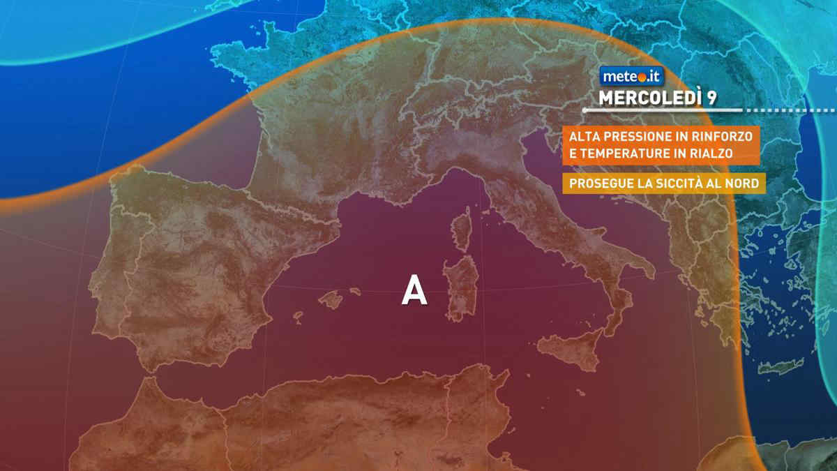 Meteo: mercoledì 9 torna a dominare l'alta pressione sull'Italia