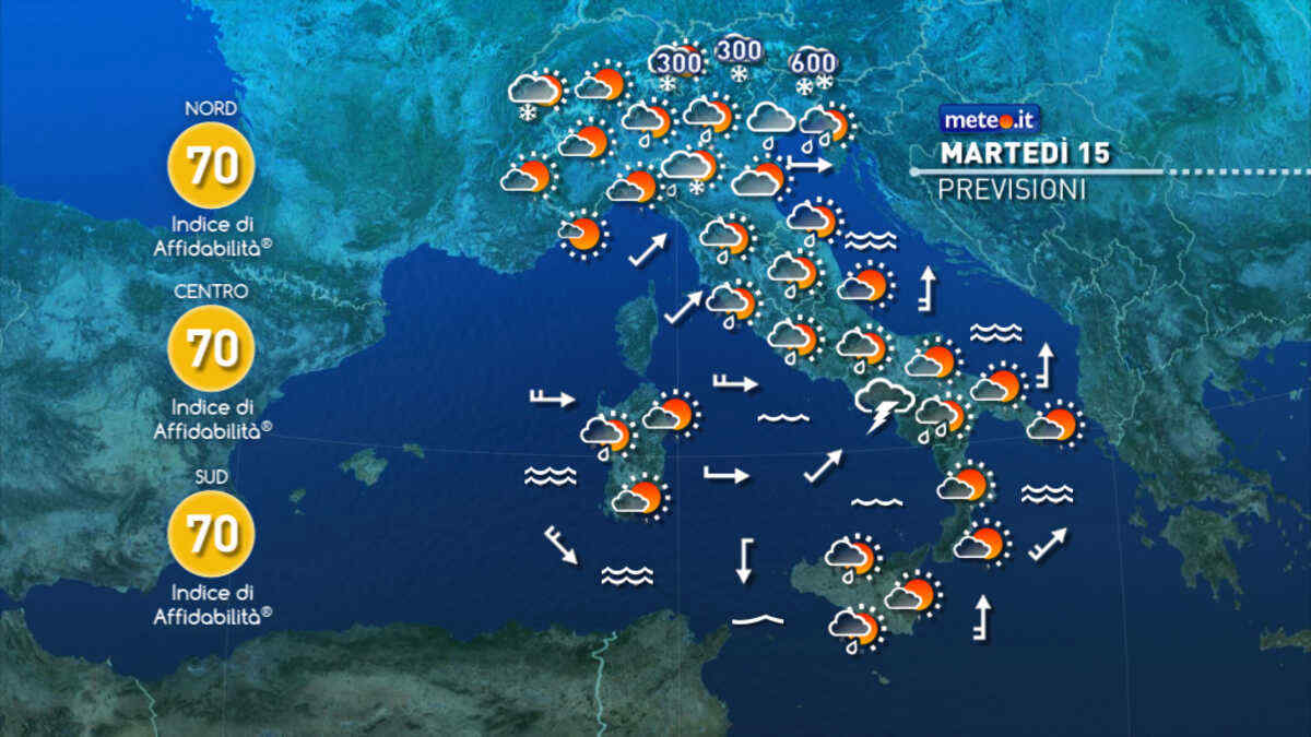 Meteo, martedì 15 maltempo al Nord-Est e al Centro-Sud con temporali
