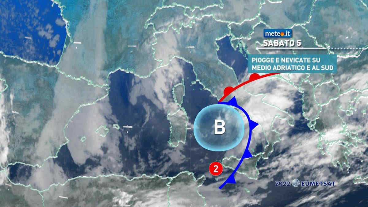 Meteo, sabato 5 marzo piogge e neve sull'Adriatico e al Sud