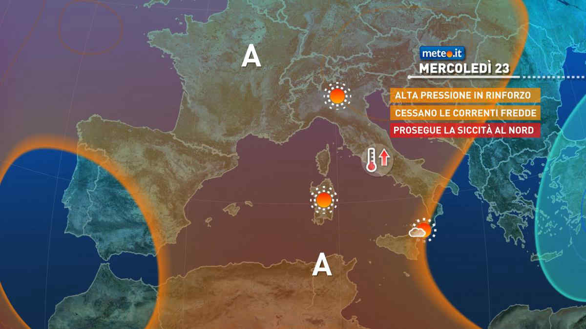 Meteo: mercoledì 23 marzo con alta pressione in rinforzo e clima mite