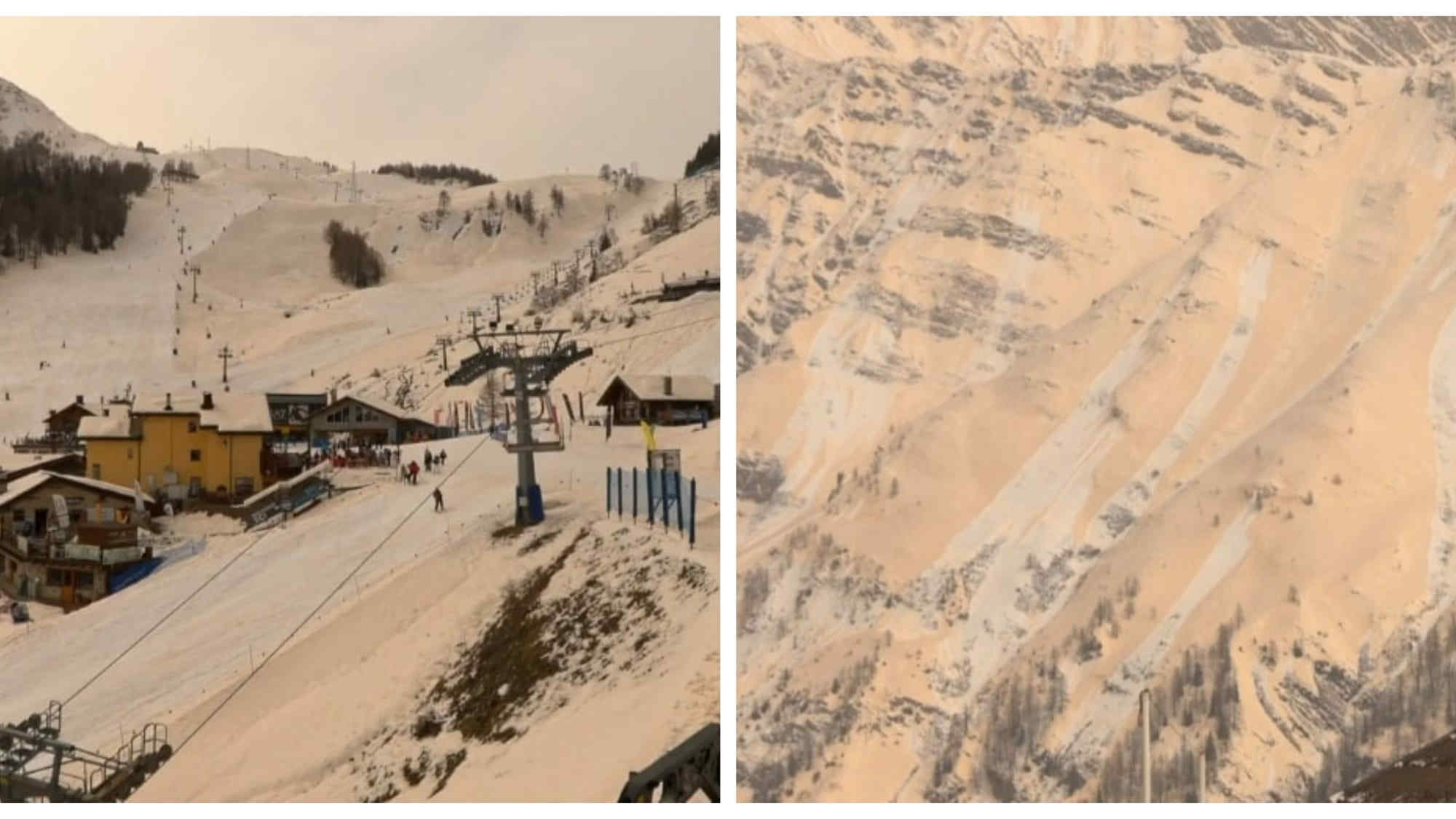 Lo spettacolo della neve "rossa" sulle montagne: la sabbia del Sahara in Italia