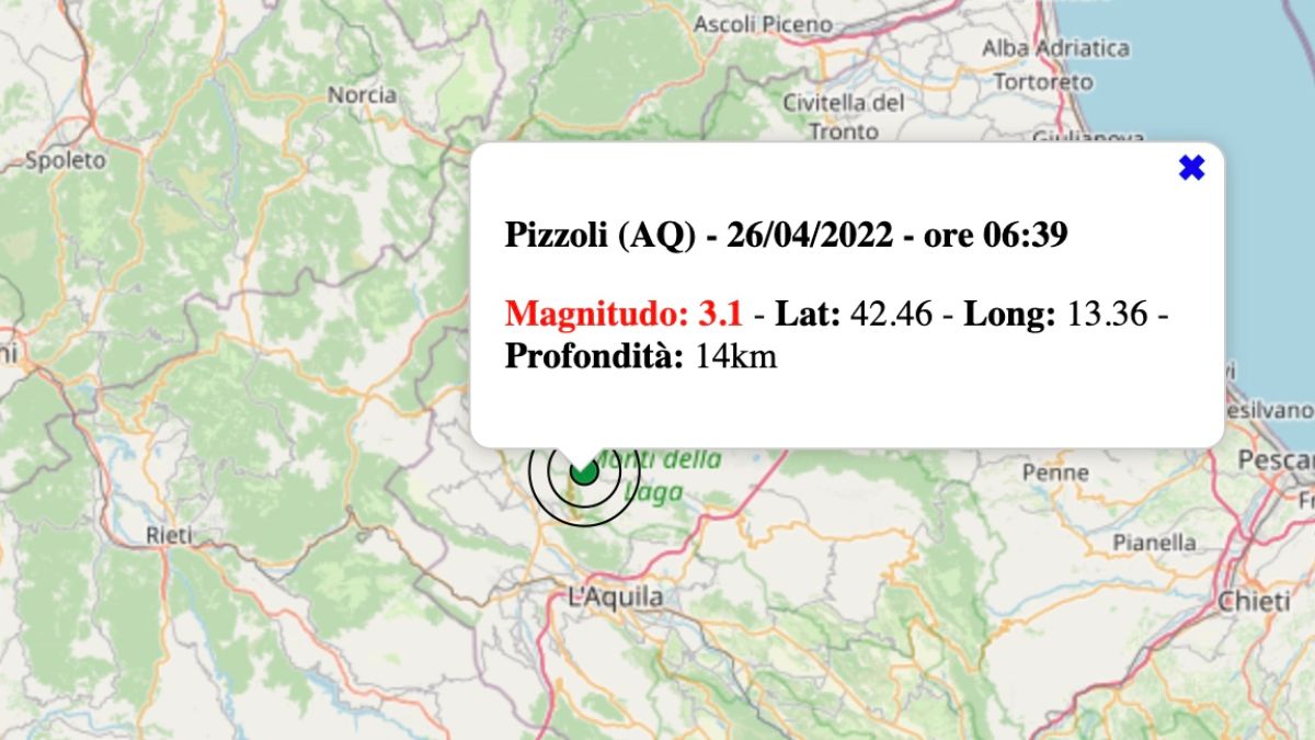 Terremoto di magnitudo 3.1 in provincia dell'Aquila: il sisma avvertito dalla popolazione