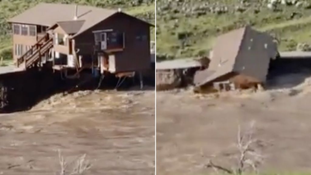 Usa, alluvioni al parco di Yellowstone: questa casa "cade" in acqua e viene portava via | VIDEO