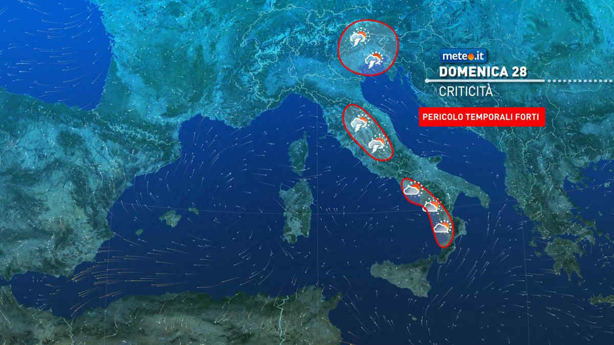 Meteo, domenica 28 tra sole e temporali: rischio grandine e forti raffiche di vento