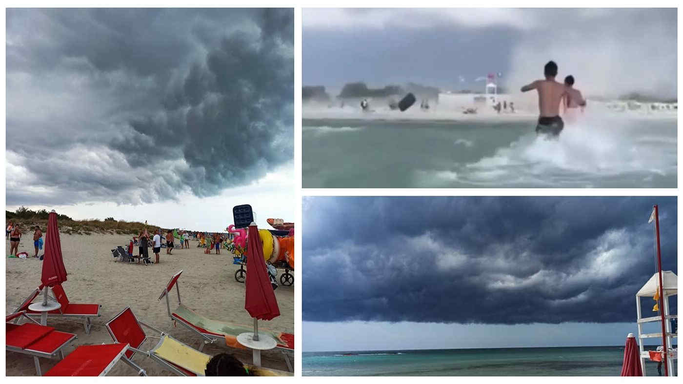 Tromba d’aria in Salento: lettini e ombrelloni in mare