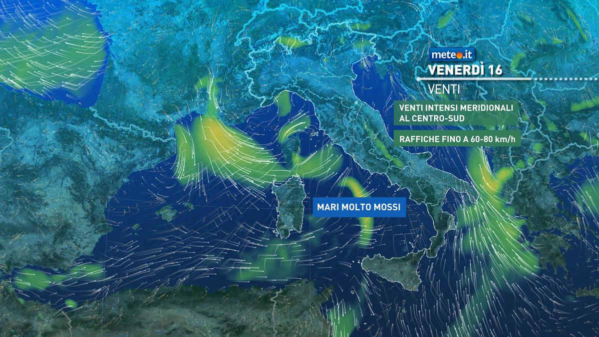 Meteo: oggi, venerdì 16 dicembre, vento e temporali. Clima molto mite al Sud