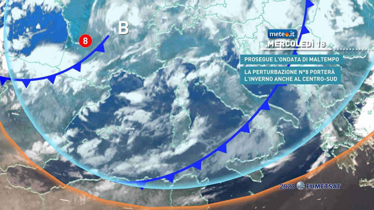 Meteo, mercoledì 18 maltempo al Centro-Sud. Piogge, neve e forti venti