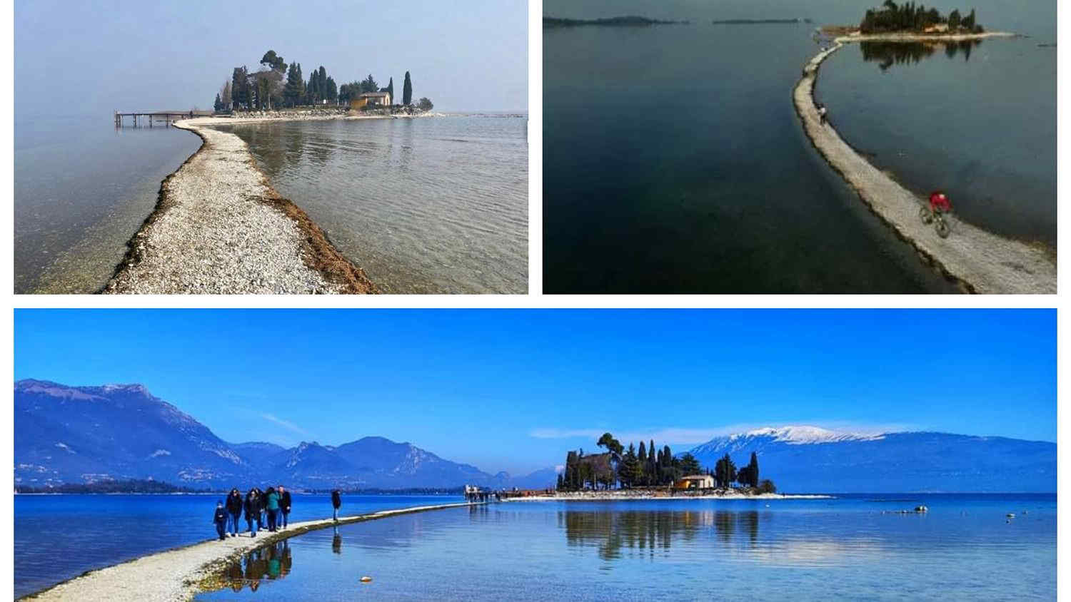 Siccità Lago di Garda, livello dell'acqua mai così basso: riaffiora l'istmo dell'Isola di San Biagio (Isola dei Conigli) - Foto e video