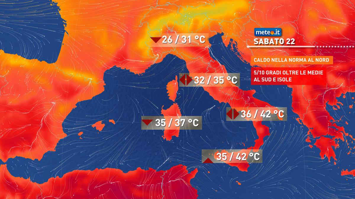 Meteo, oggi sabato 22 luglio, clima bollente al Centro-Sud e temporali al Nord