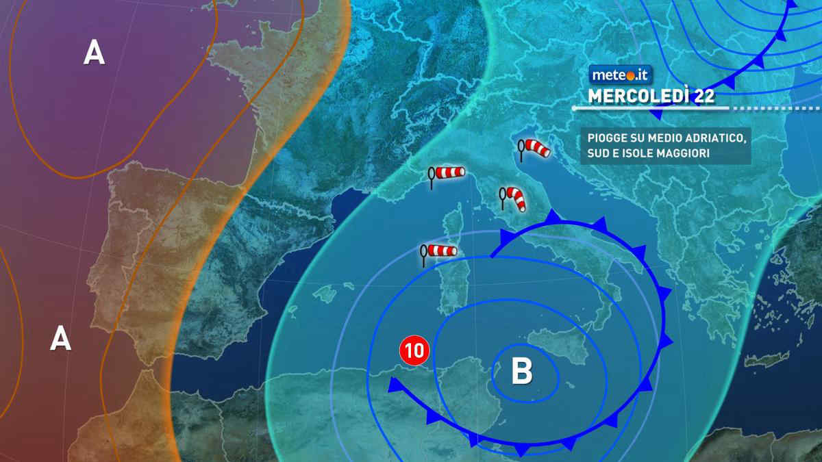 Meteo, da martedì 21 maltempo al Centro-Sud: vortice di bassa pressione porta pioggia e vento