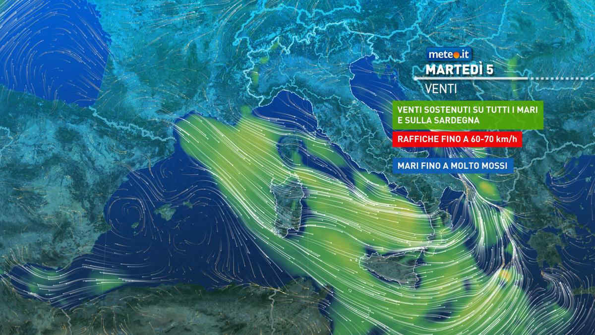 Meteo 5 dicembre, la perturbazione si sposta al Centro-Sud: pioggia e vento forte