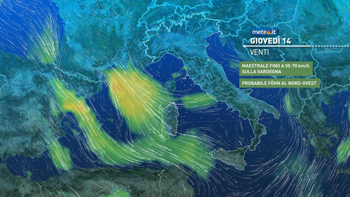 Meteo, oggi giovedì 14 dicembre, piogge al Centro-Sud e venti anche forti