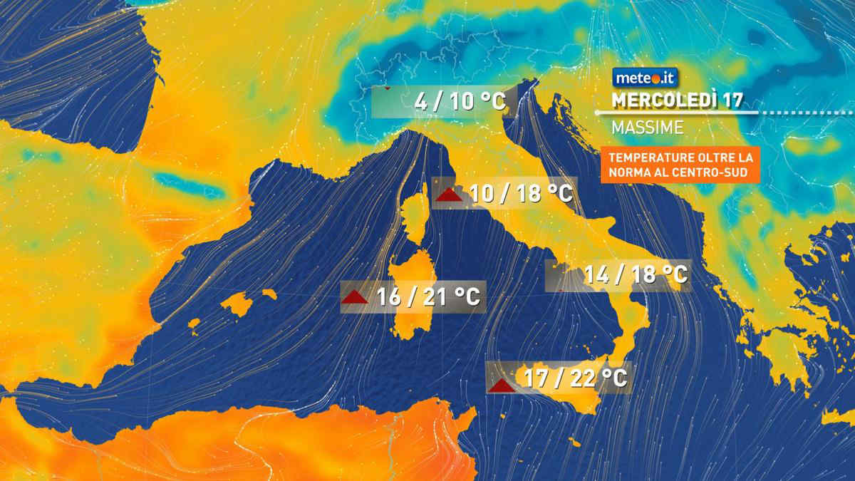 Meteo: mercoledì 17 maltempo e neve al Nord, oltre 20°C sulle Isole