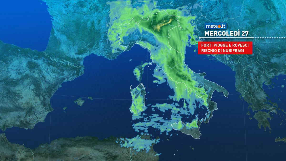 Meteo: mercoledì 27 pioggia, vento e neve sulle Alpi: fenomeni anche intensi