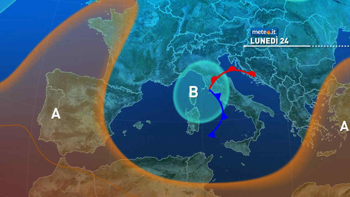 Meteo, Vortice sull'Italia: lunedì 24 pioggia e temporali in molte regioni