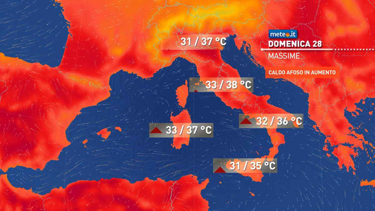 Meteo, domenica 28 rovente: punte di 40°C e afa