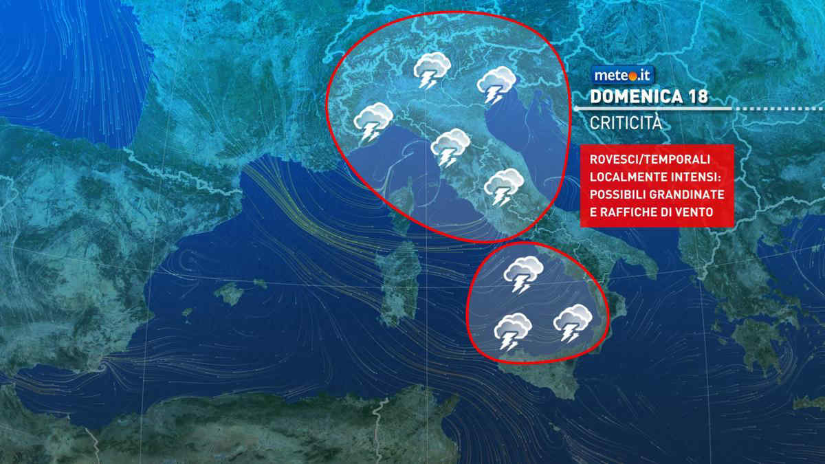 Svolta meteo da domenica 18: forti temporali e brusco calo delle temperature