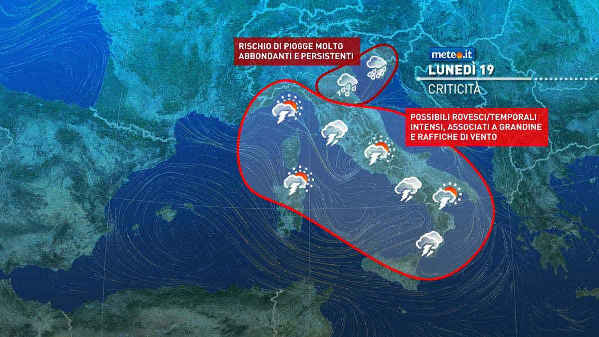 Meteo, lunedì 19 temporali sull'Italia: rischio nubifragi e grandine