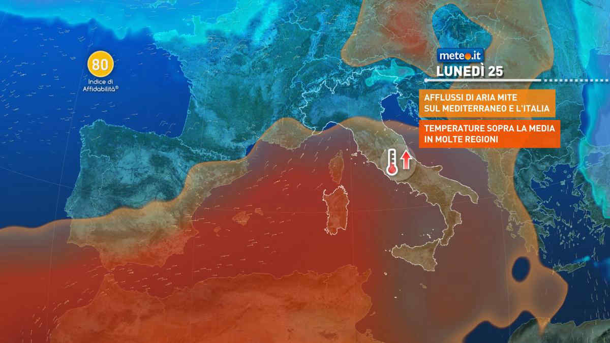 Meteo, 25-26 novembre con aria più mite e qualche pioggia