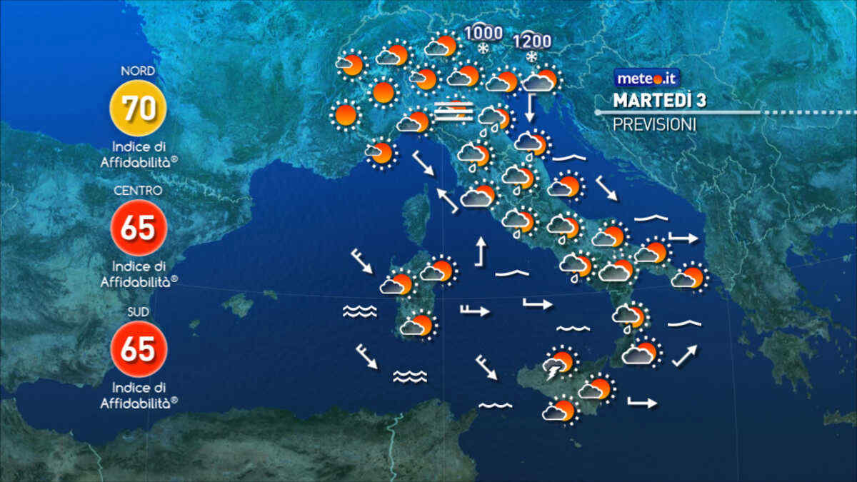 Meteo 3 dicembre: piogge, aria fredda e calo termico. Ecco dove