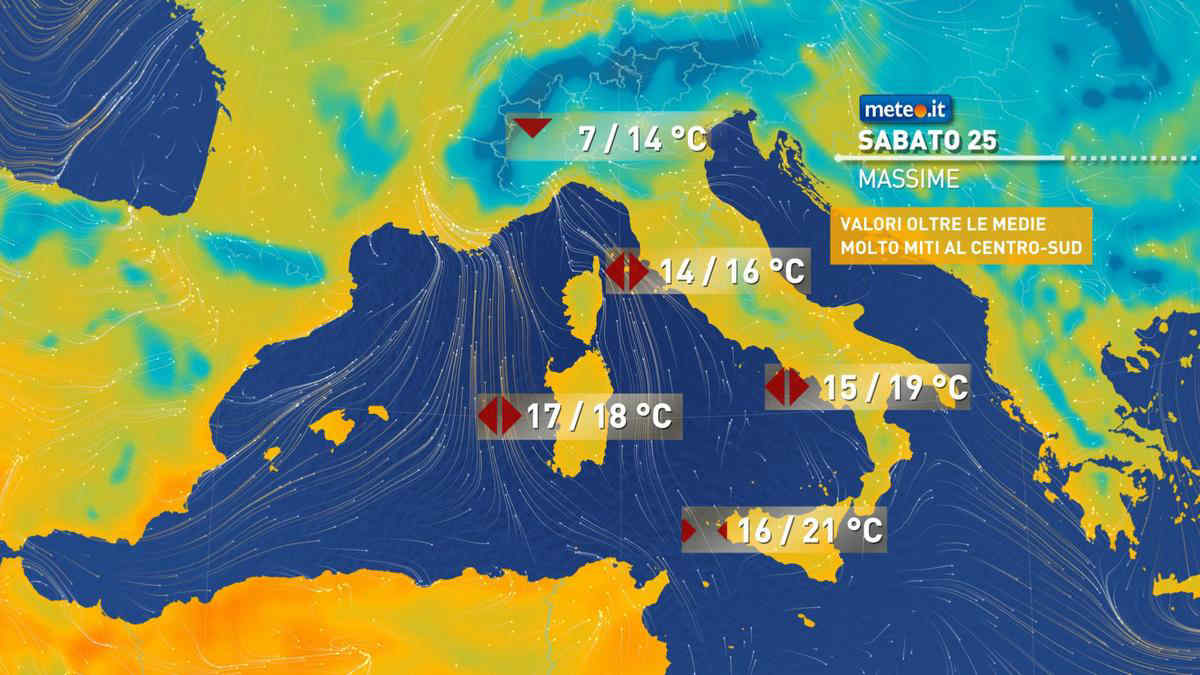 Meteo: sabato 25 clima mite al Centro-Sud, peggiora al Nord