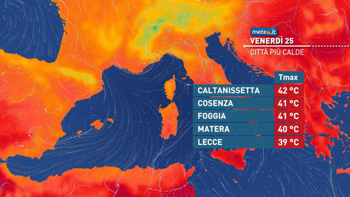Meteo: 25 luglio con altri temporali al Nord. Oltre 40°C al Sud e in Sicilia