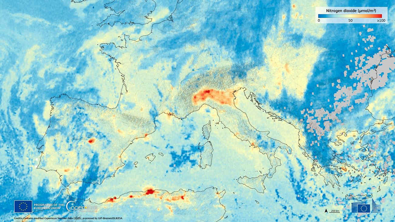 Sentinel-4, le prime immagini rivelano i punti più inquinati d’Europa: drammatica la situazione in Pianura Padana