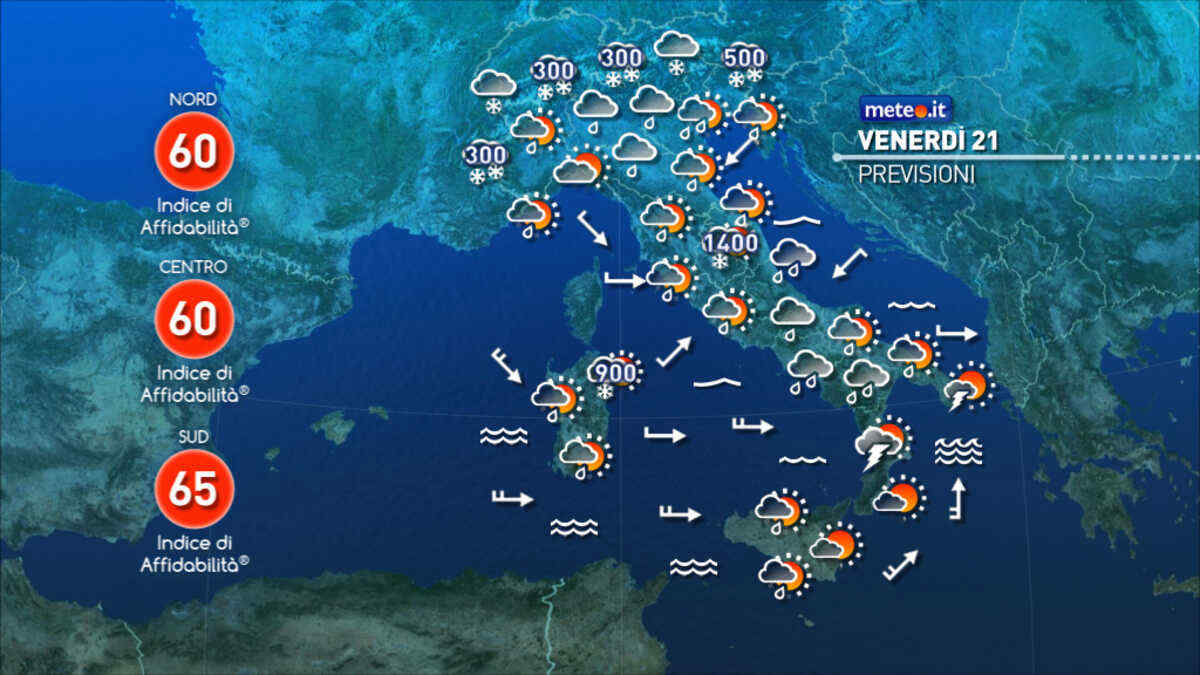 Meteo: 21-22 novembre diffuso maltempo con venti, neve e temporali