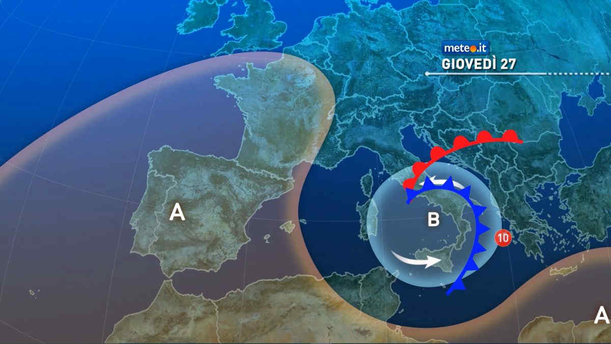 Giovedì 27 novembre con maltempo al Centro-Sud: piogge, vento forte e neve