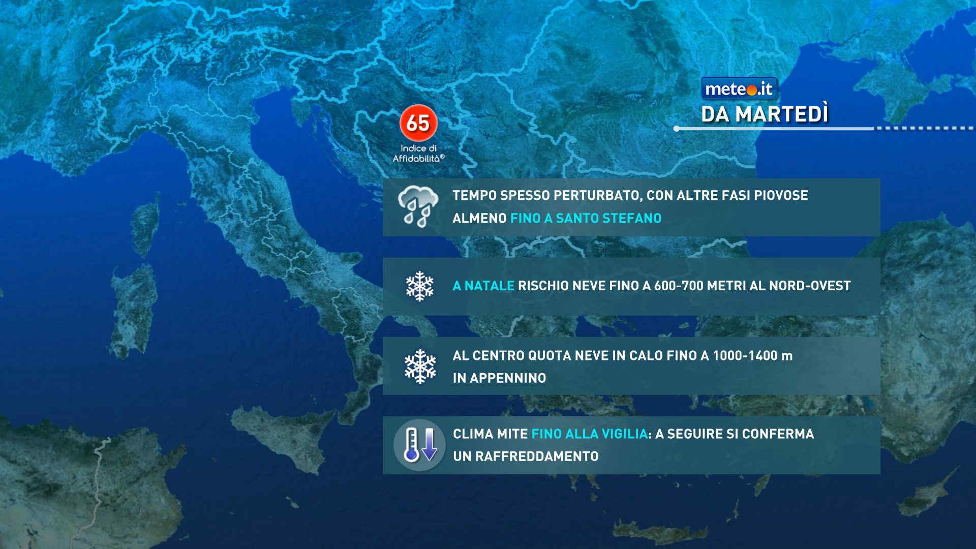 Meteo: settimana di Natale segnata da piogge, neve e freddo in aumento. La tendenza