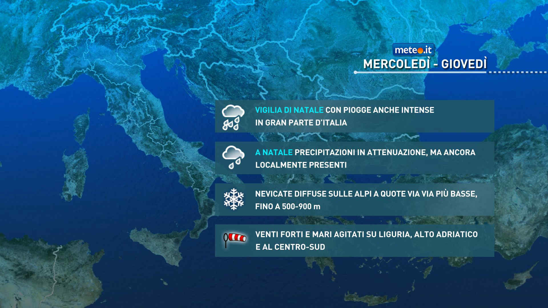 Meteo, Vigilia di Natale con piogge, neve e venti molto intensi: le previsioni