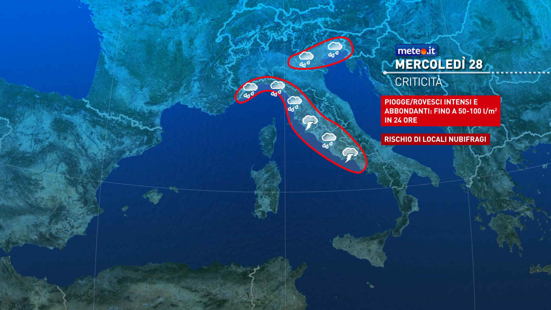 Meteo: mercoledì 28 forte maltempo e rischio criticità. Neve copiosa sulle Alpi