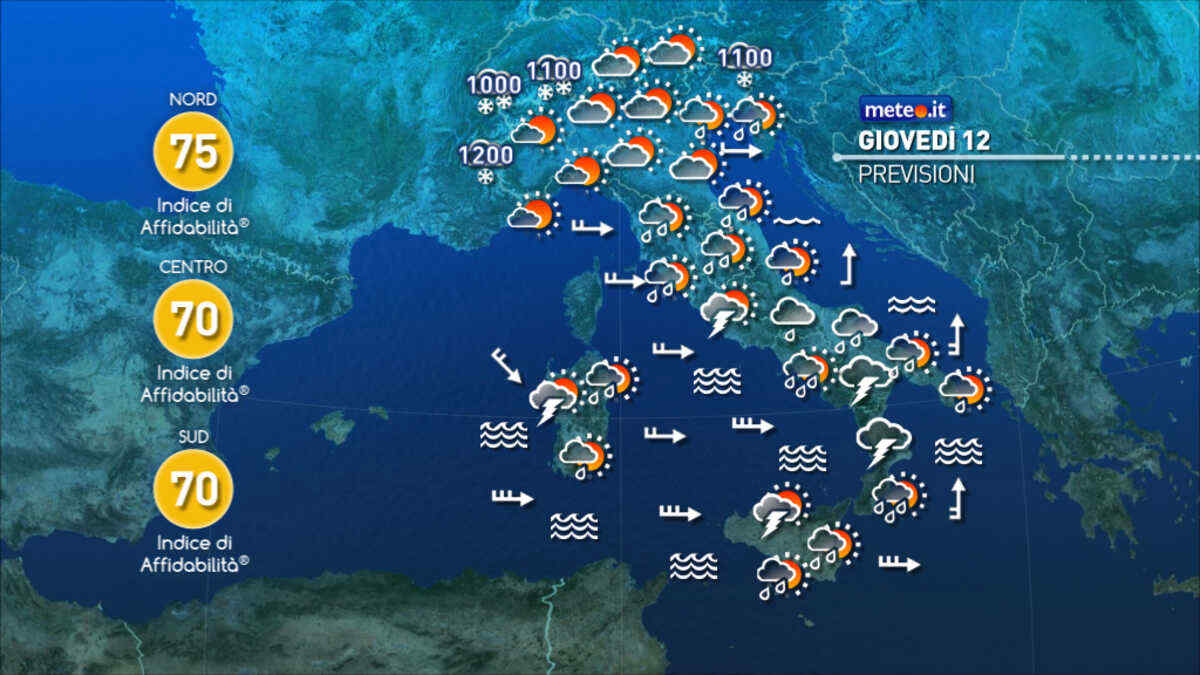 Meteo: maltempo nelle prossime ore e domani (giovedì 12). Le aree coinvolte