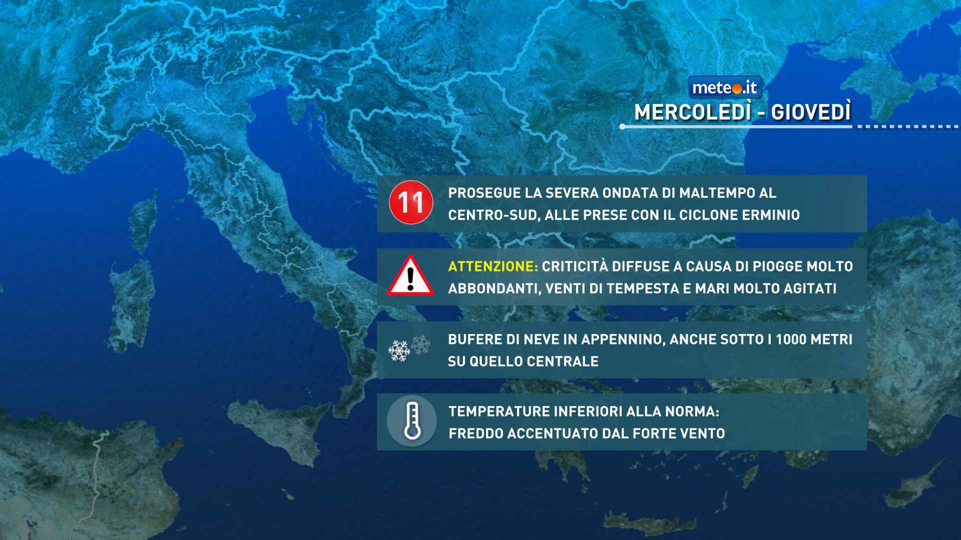 Meteo: ciclone Erminio in azione! Attenzione a neve, piogge e venti