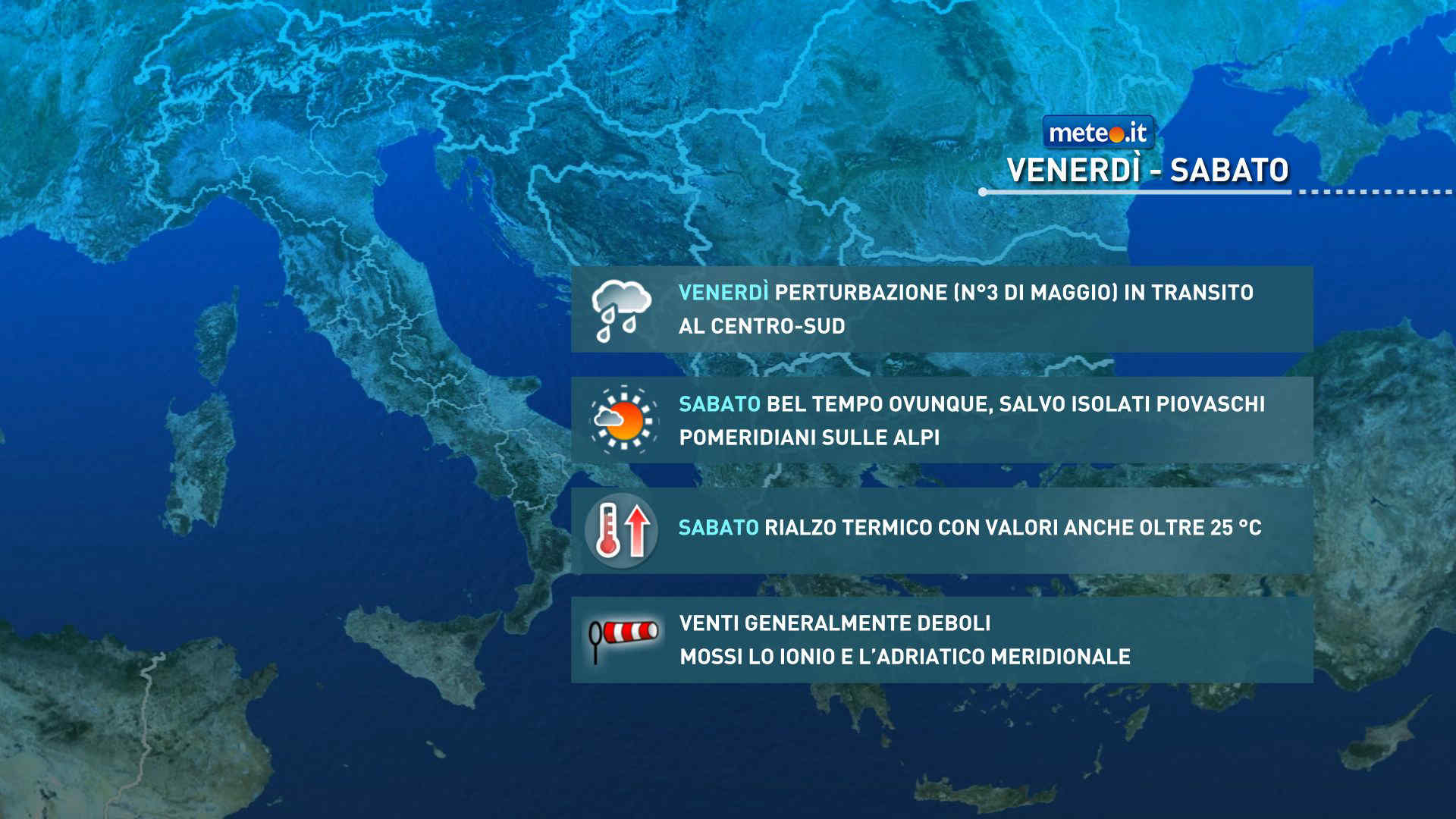 Meteo, venerdì 8 maggio perturbazione al Centro-Sud