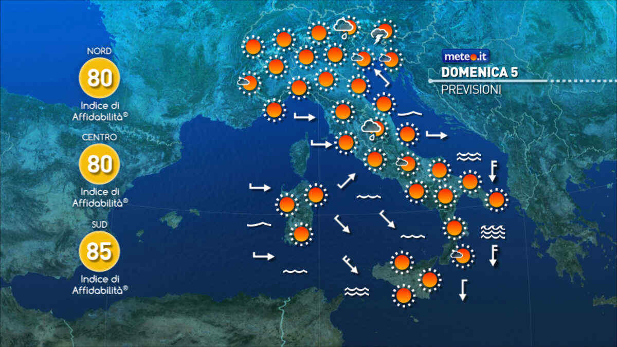 Meteo: domenica 5 tanto sole, pochi temporali e caldo senza eccessi