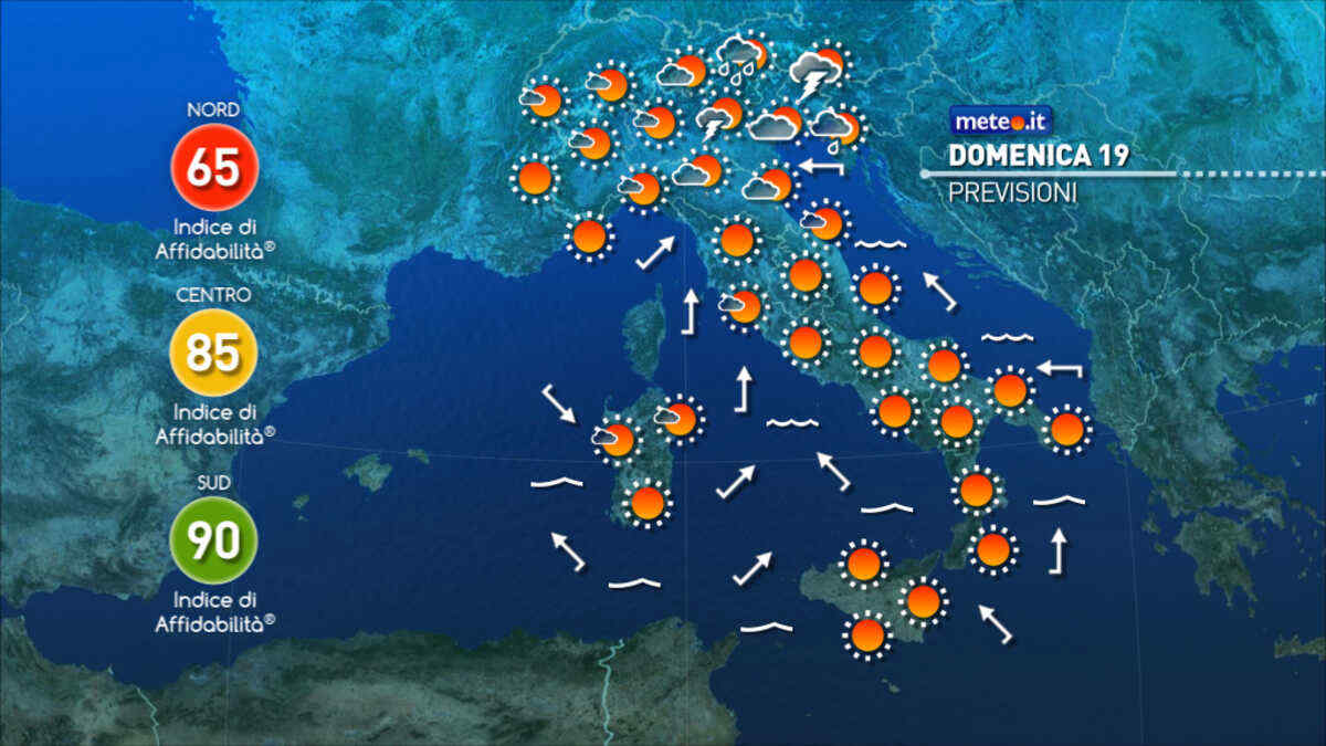 Meteo: domenica 19 temporali al Nord e caldo in attenuazione! Ancora picchi estremi al Sud e Isole